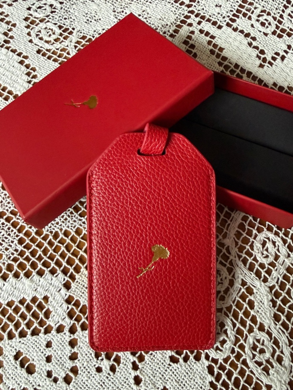 Red Leather Luggage Tag with Gold Carnation Motif Mothers Day Gift